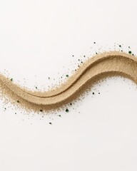 Serene wave of fine sand adorned with scattered emerald green pebbles creating a tranquil, minimalist beach aesthetic for summer relaxation themes.