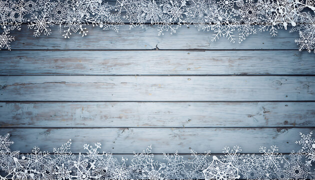 Rustic wooden background with frosted edges and snowflakes - Powered by Adobe