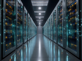 Futuristic Data Center Corridor with Glowing Server Racks
