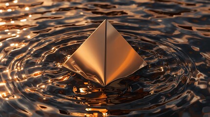 Striking metallic pyramid emerges from rippling dark liquid with warm golden light reflections, symbolizing innovation and discovery