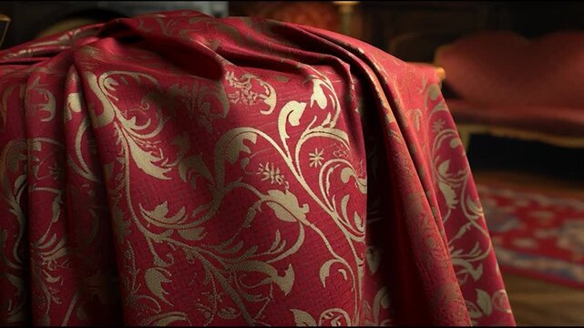 Close-up of richly patterned, draped fabric in a room setting