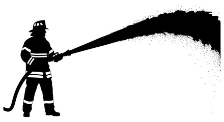 Brave firefighter bravely battling flames with powerful water hose in dramatic silhouette, perfect for safety campaigns or emergency services advertising