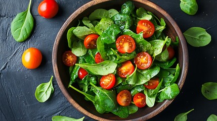 The vibrant dish filled with fresh greens cherry tomatoes