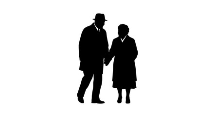 Sweet silhouette of elderly couple holding hands, a symbol of enduring love and companionship for a lifetime of memories and shared experiences.