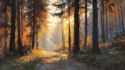 Obraz premium Autumn landscape with tall trees and radiant sunlight filtering through branches, warm tones highlighting a peaceful forest trail