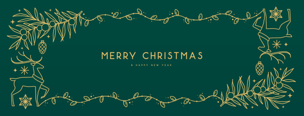 Naklejka premium Modern Christmas frame or holiday greeting card on emerald green background. Line art vector illustration
