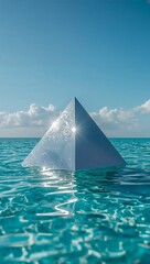 Surreal geometric pyramid floats serenely on crystal clear turquoise ocean waves under a vast, bright blue sky with scattered clouds, evoking tranquility and mystery.