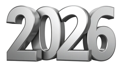 3D Silver Chrome Year 2026 Isolated on Transparent Background
