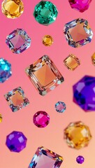Sparkling vibrant gemstones in dazzling array of colors and cuts float magically against a soft gradient background, evoking luxury and preciousness