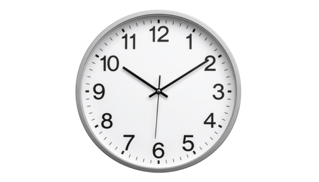 Classic Silver Frame Analog Wall Clock Showing Time Isolated on Transparent Background