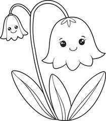 Cheerful bluebell flower cartoon line art for children's coloring book pages