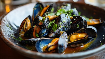 There is a sauce drizzled on the mussels