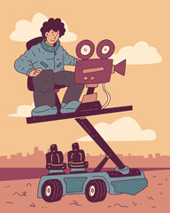 An imaginative depiction of a camera operator elevated on a mechanical lift. The cityscape backdrop adds depth to this tribute to technical artistry in filmmaking