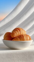 Three Golden Croissants Served in a White Bowl with a Sparkling Silver Drape and Soft Sunrise Sky Background