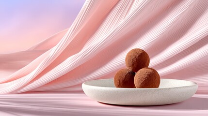 Three Rich Chocolate Truffles With Textured Coating Resting In A Speckled White Ceramic Bowl With Soft Pink Fabric Drapes And Gentle Sunlight Reflections On A Pink Surface
