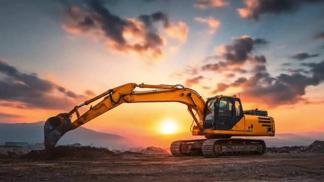 Sunsetlit excavator silhouette on rugged ground dramatic clouds, warm orange sky, machinery at dusk