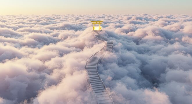 Illuminated gateway rests above an endless expanse of soft white clouds reached by a winding stairway