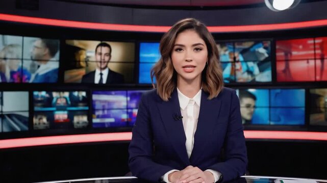 News Anchor: A poised and professional news anchor delivers the day's headlines, framed by a dynamic backdrop of screens displaying various news segments.