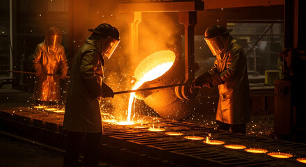 Workers carefully pour molten metal, crafting strong components in a glowing industrial foundry