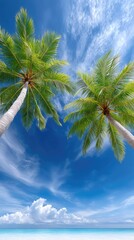 Two Vibrant Green Palm Trees Swaying Gently Under A Clear Blue Sky With Wispy White Clouds And Sparkling Turquoise Ocean Water Below On A Sunny Day