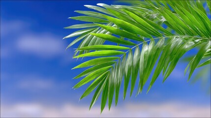 Vibrant Green Palm Leaves Swaying Gently Under a Clear Blue Sky with Wispy White Clouds on a Sunny Day