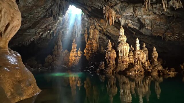 Grand Cave Chamber Subterranean Geological Wonders & Ecosystems Wide panoramic view Cinematic, realistic, high definition, immersive, natural light emphasis where applicable.