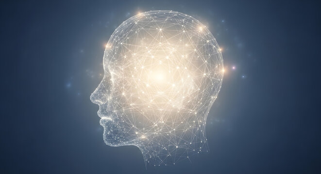 Abstract glowing digital human head outline filled with bright light and interconnected data points representing artificial intelligence and neural networks
