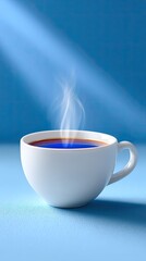 White Ceramic Teacup Filled With Dark Beverage Emitting Steam Under Dramatic Blue Light Rays With Scattered White Powder on a Smooth Blue Surface