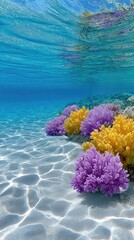 Vibrant Underwater Coral Reef Scene With Purple Yellow Corals and Sparkling Blue Water Sunlight Reflection on Sandy Ocean Floor
