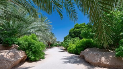 A Bright Photo Of Palm Trees Forming A Canopy Above A Desert Oasis Pathway Under A Clear Blue Sky With Rocky Edges And Lush Greenery