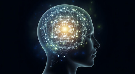Abstract representation of a human head profile filled with glowing interconnected digital data points and light particles symbolizing artificial intelligence and neural networks