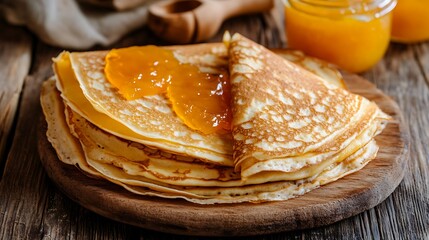 Thin pancakes with orange jam or marmalade on wooden background