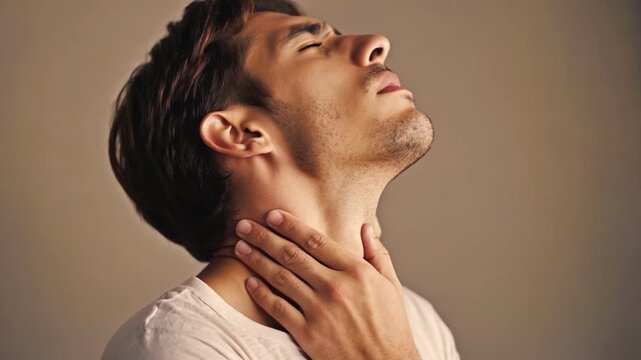Introspection and Contemplation: A man closes his eyes, bathed in soft light, his hand gently resting on his neck, suggesting a moment of deep thought and self-reflection.