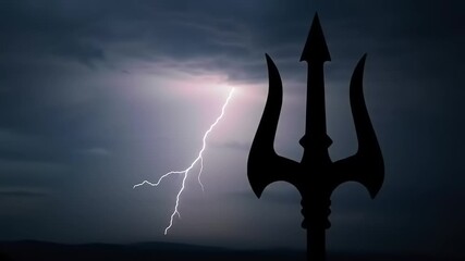 Trident silhouette against stormy sky.