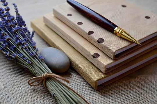 Still life with lavender, notebooks and pen creating a peaceful and calm scene setup