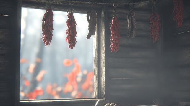 cured. Rustic kitchen with hanging cured meats and red peppers. menu design, packaging mockups, designed for food delivery and cloud-kitchen brand materials, used by curriculum designers.