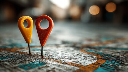 Yellow and red map pins placed on a detailed geographical map.