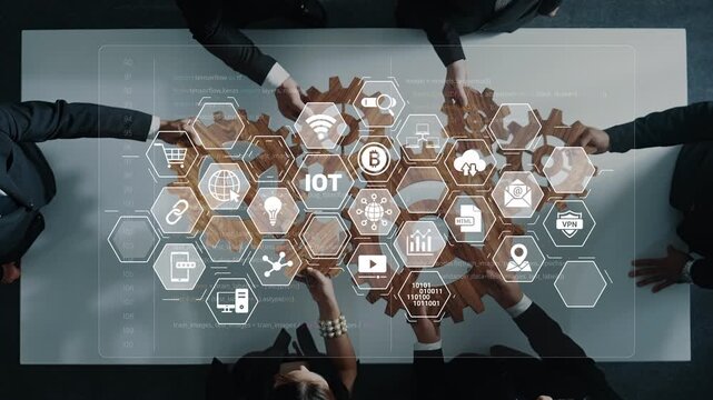 A diverse team collaborates on a business strategy involving Internet of Things, showcasing innovative ideas and modern technology through interconnected design elements. Raster - Powered by Adobe