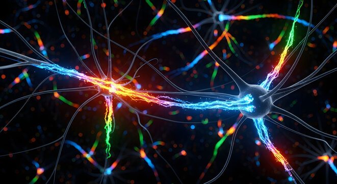 Vibrant abstract neural network connections glowing with electric energy and data flow - Powered by Adobe