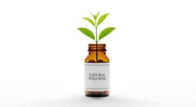 A small green plant sprouts from a brown glass bottle with a white label on a clean white background symbolizing growth and new beginnings