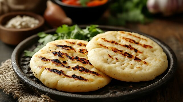 Three arepas boyacenses freshly prepared on a textured plate