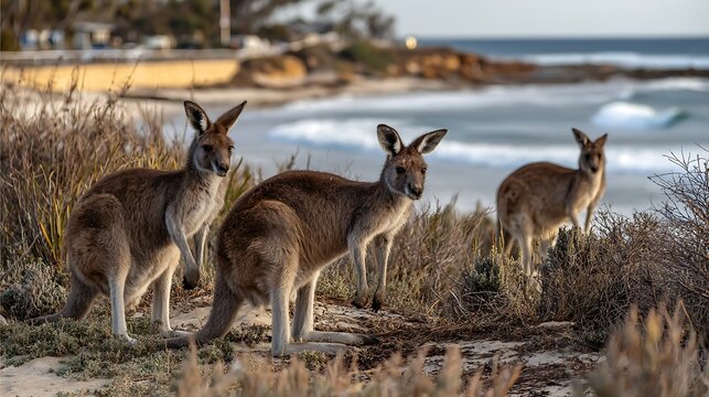Three kangaroos near the beach in torball