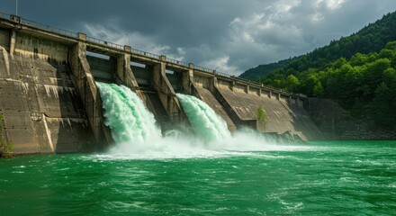 Massive concrete water control structure releases powerful streams into vivid green reservoir water