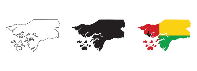 Guinea-Bissau map vector set with editable country outline black silhouette and national flag featuring red yellow green stripes with black star for geography, education, and travel illustration