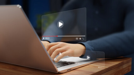 Online Education Platform, Webinars, Virtual Seminars, E-Learning Courses, Professional Training, Skill Development, and Interactive Learning. Person using laptop to learn online. 3D illustration