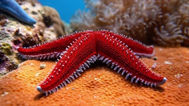 Intricate Starfish Detail Stock Video Extreme close up, focusing on the unique skin texture, arm patterns, and subtle movement of tube feet of a starfish.