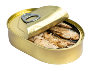 Opened golden tin can with sardines in oil, partially peeled lid with pull tab, shiny metal container showing packed fish fillets on isolated background