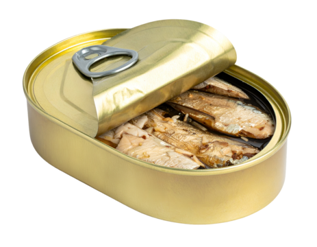 Opened golden tin can with sardines in oil, partially peeled lid with pull tab, shiny metal container showing packed fish fillets on isolated background