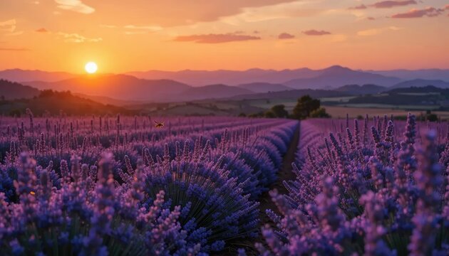 Sunset over a lavender field, purple hues, mountains in the distance, scenic landscape