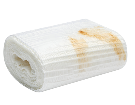 Rolled gauze bandage with brown stains, used medical wound dressing roll showing mesh texture and absorbent weave on isolated background